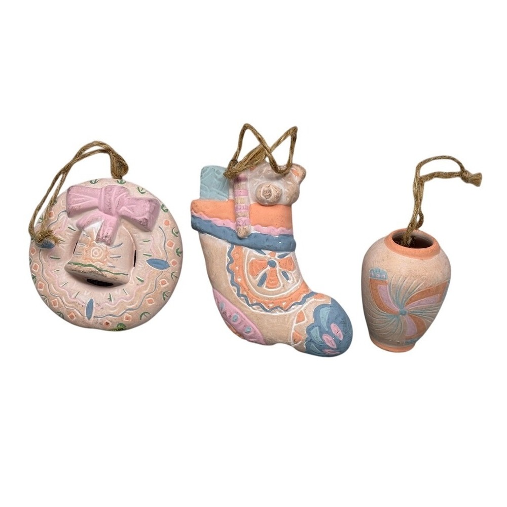 Southwestern Terracotta Clay Ornaments Set 3 Pastel Hand Painted Christmas Decor